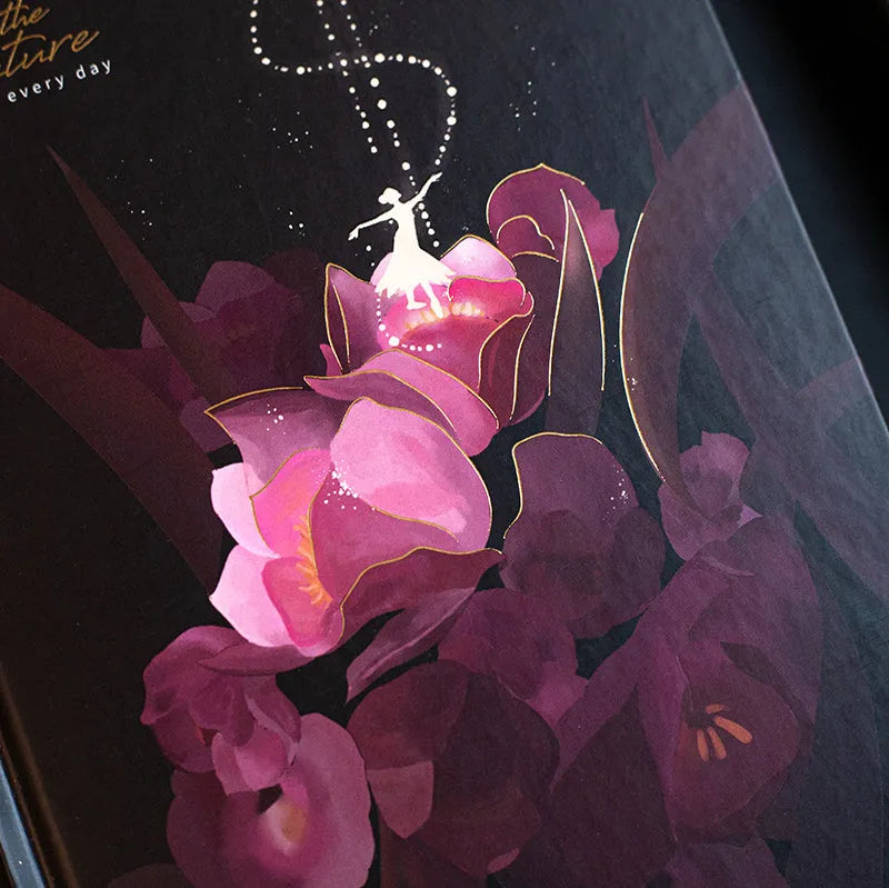 A5 notebook with luminous cover showing colour illustration interior pages and dot grid layout