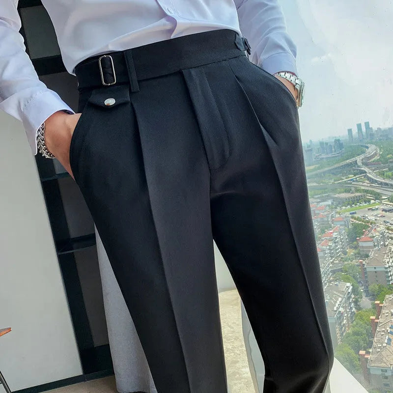 Men's straight-leg casual trousers in solid colours like black, grey, and khaki.