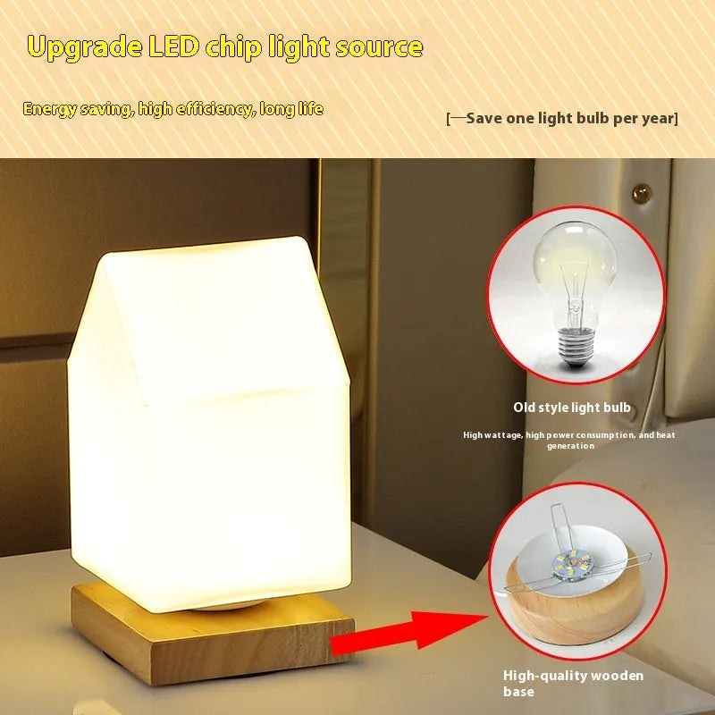 Nordic solid wood USB table lamp with touch dimming in white cube style on wooden surface