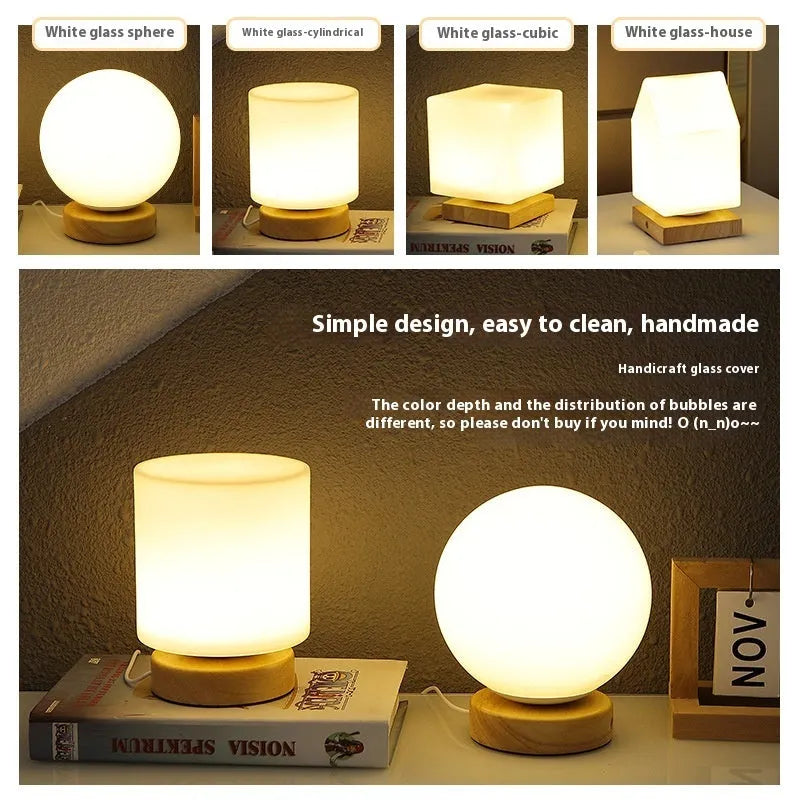 Nordic solid wood USB table lamp with touch dimming in white cube style on wooden surface