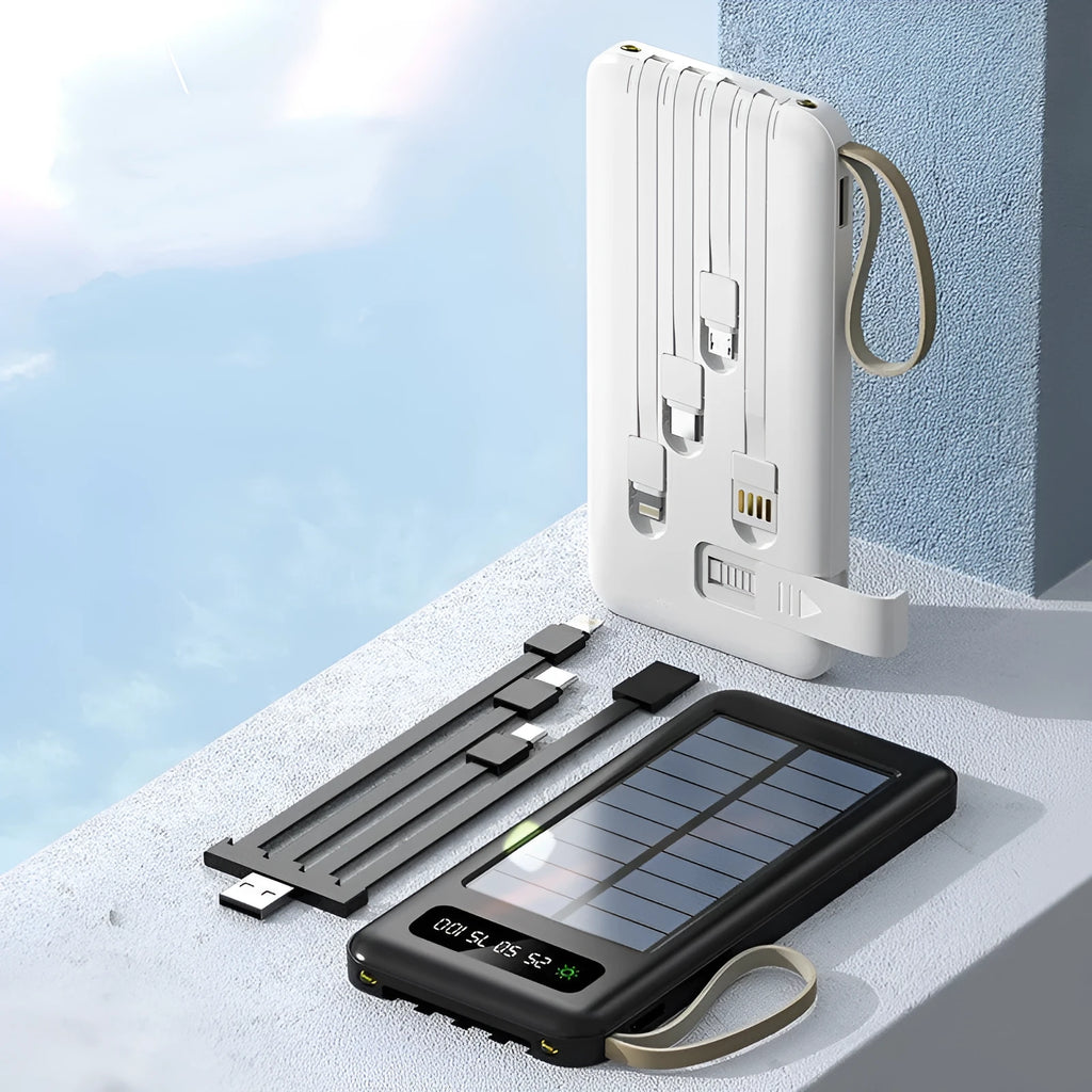 Solar power bank in black or white with capacity display showing 20000mAh or 30000mAh options