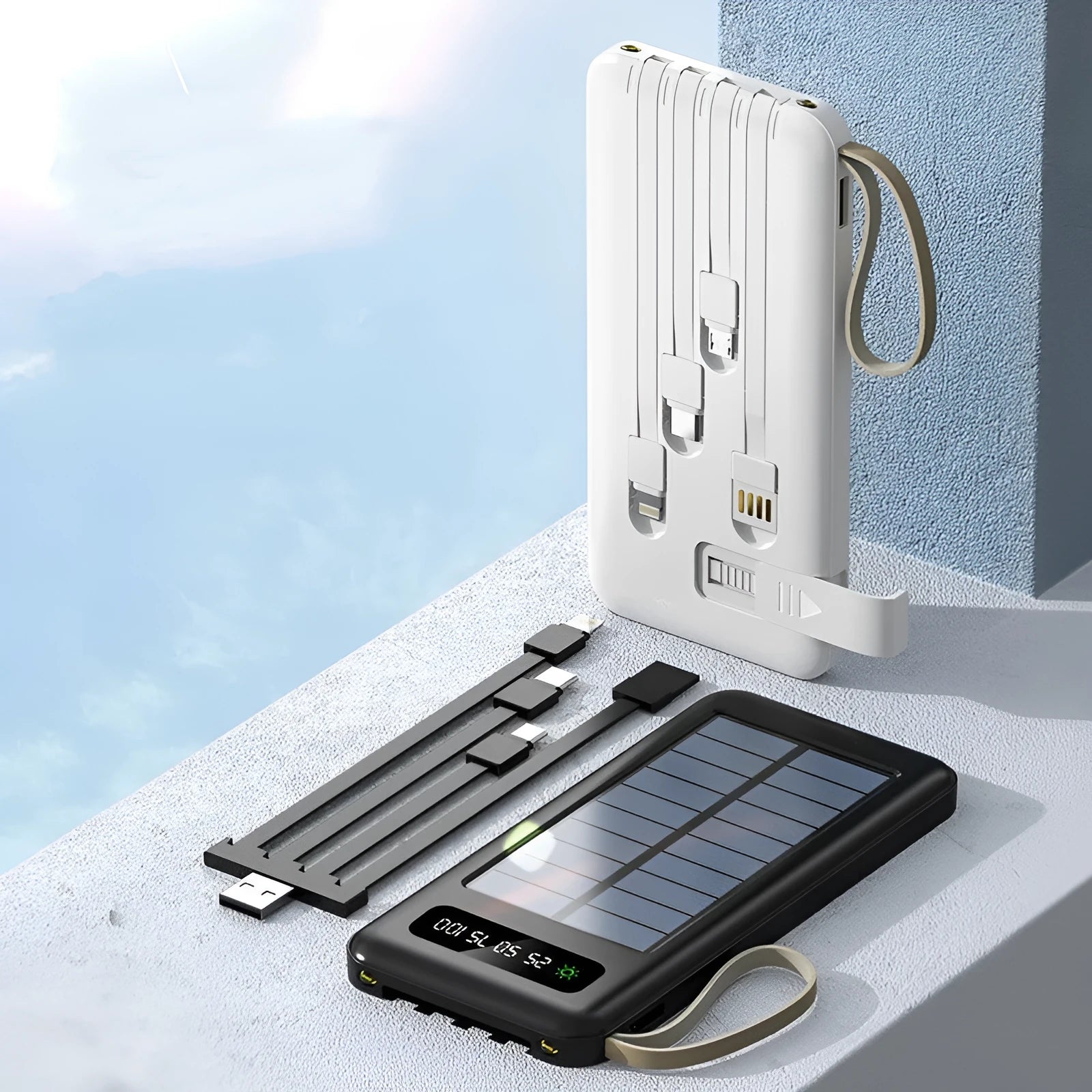 Solar power bank in black or white with capacity display showing 20000mAh or 30000mAh options
