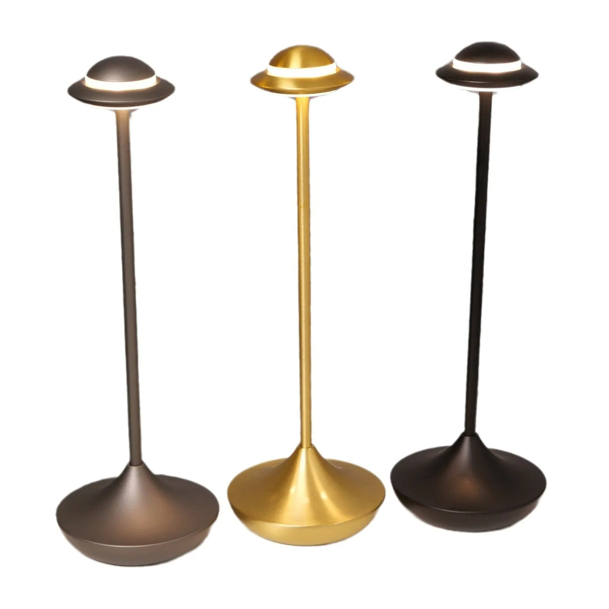 UFO-shaped table lamp with metal base and touch dimming controls in black, gold, or grey colour