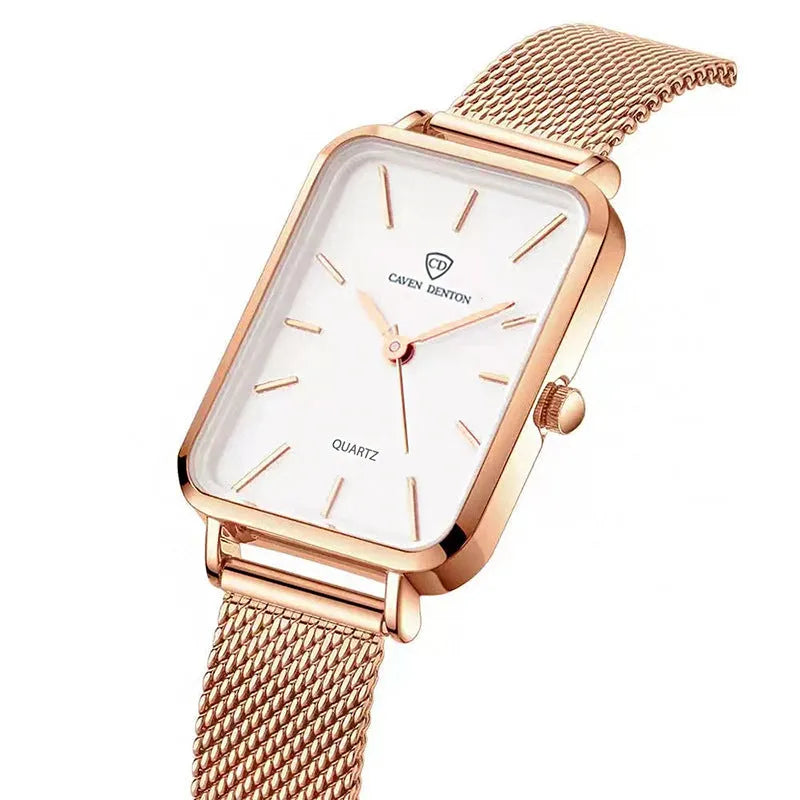 Women's waterproof quartz watch with alloy case and woven steel strap in rose gold colour