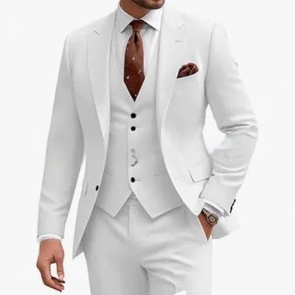 Men's slim fit three-piece suit in a chemical fibre blend, shown in multiple colour options.