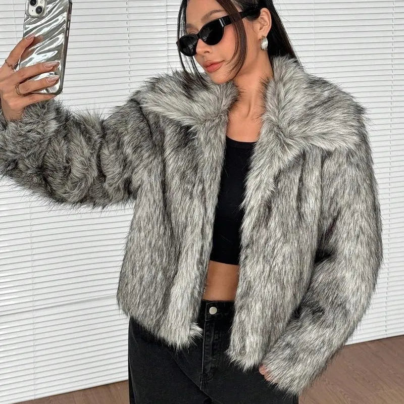 Women's artificial fur coat with fur collar in various colour options including black tip patterns