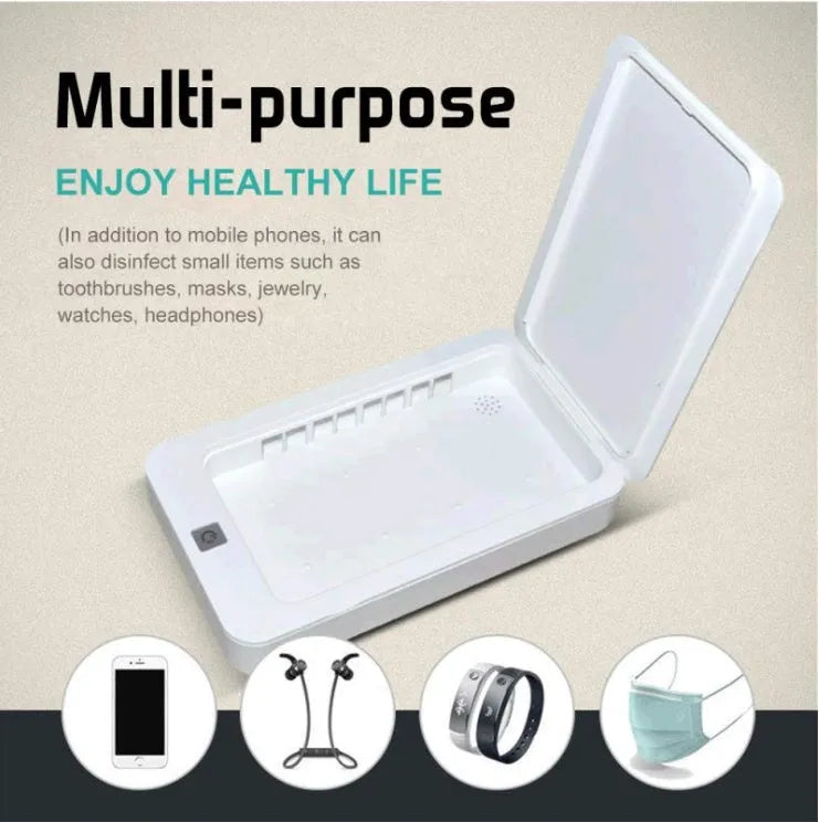 Blue UV phone steriliser unit with lid open, showing internal purple light for sanitising mobile phones.