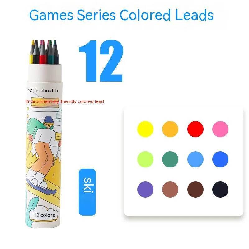 Zhenglin Sports Series coloured pencil sets in paper barrel case showing 24 and 36 colour options.