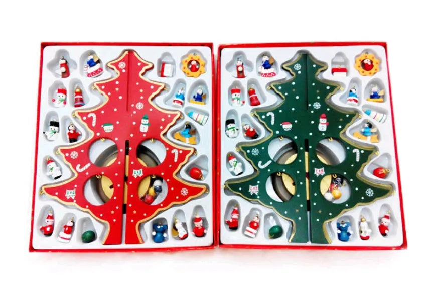 Hand-painted red and green wooden desktop Christmas tree decoration in large size.
