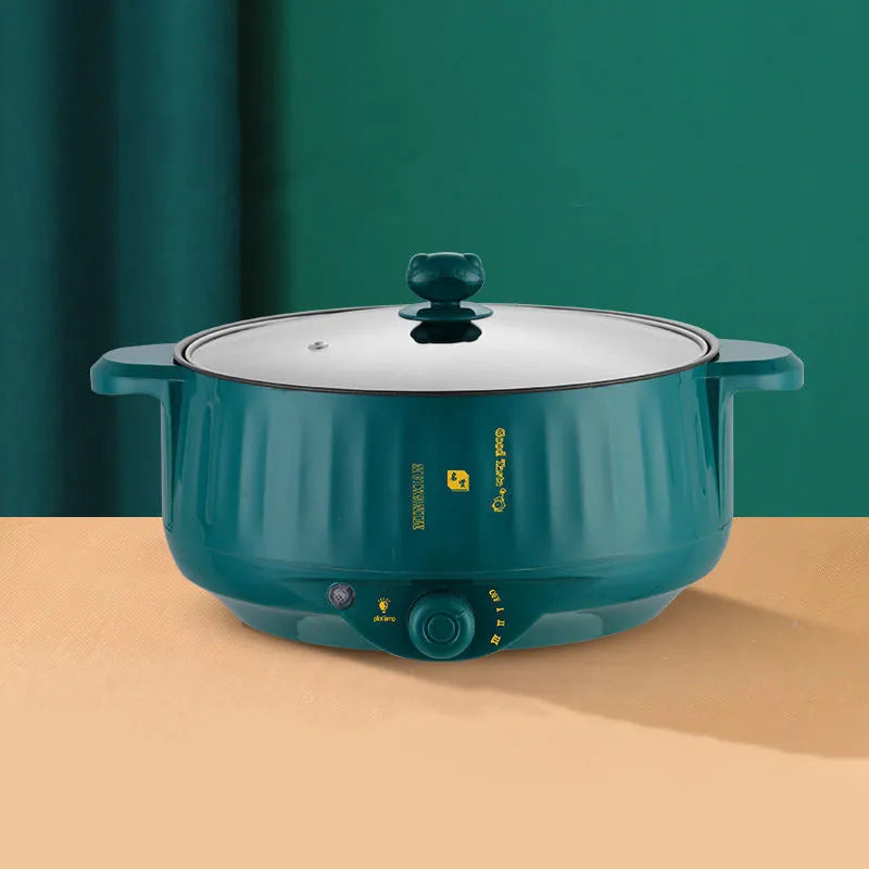 Stainless steel electric cooking pot with non-stick surface and anti-dry burn function in green or white colour