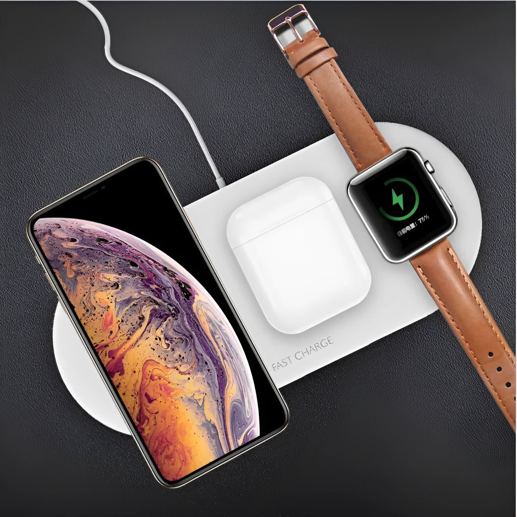 Black 3-in-1 wireless charging station for iPhone, Apple Watch, and earbuds on a wooden desk