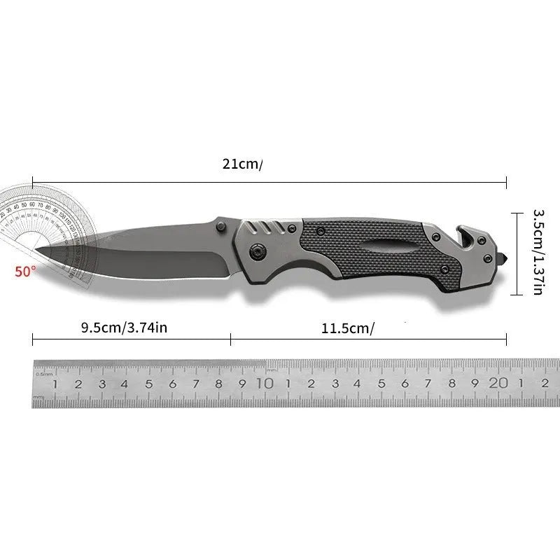 Folding knife with alloy blade and textured handle for outdoor use