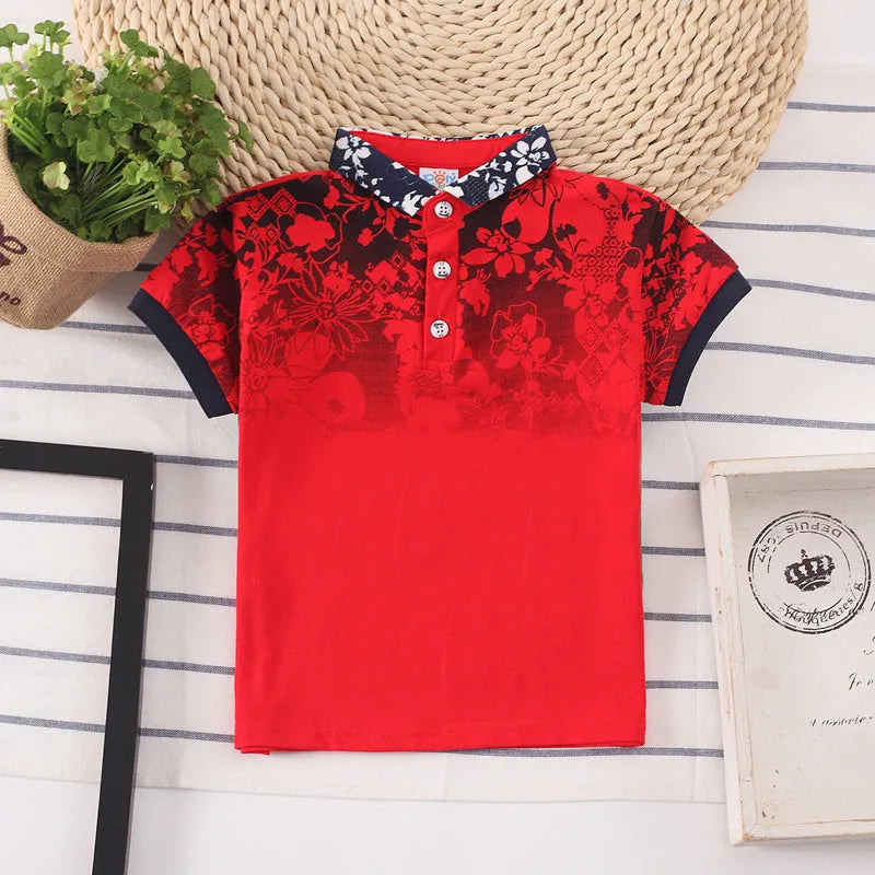 Cotton short sleeve lapel collar t-shirt for a child, shown in solid colour options.