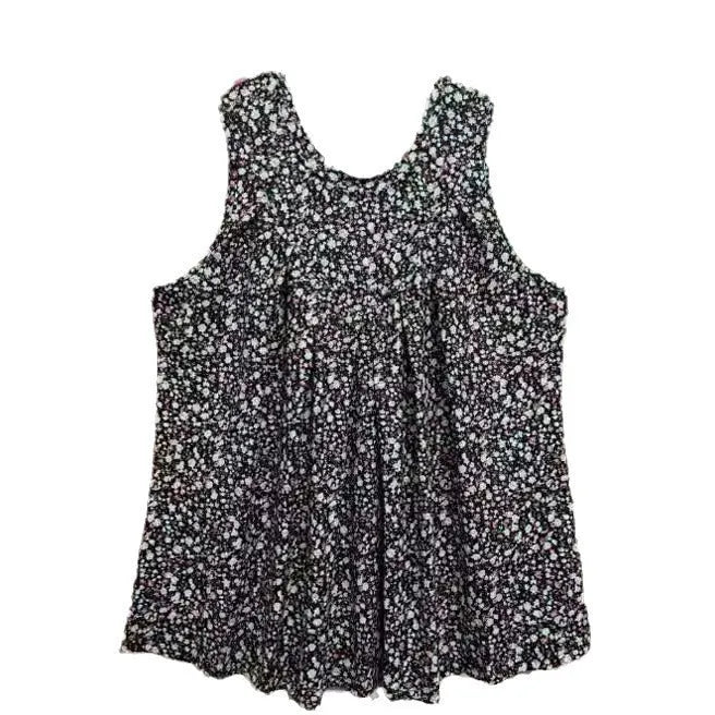 Black plus size floral printed sleeveless vest with round neckline on hanger