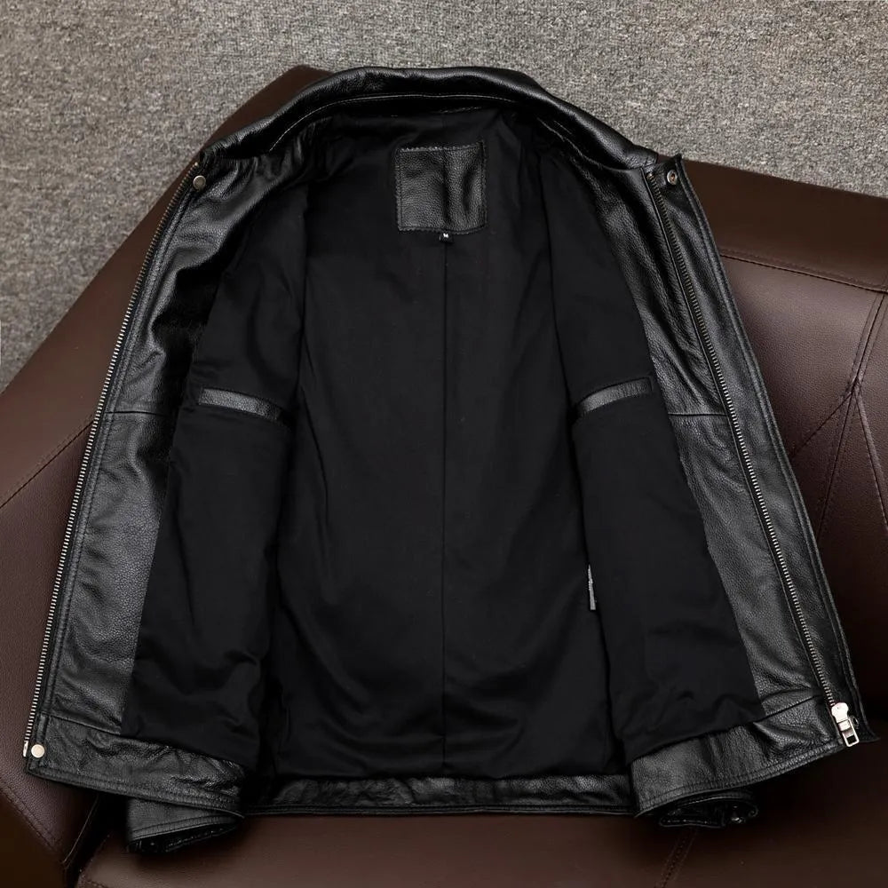 Men's black lapel-collar leather jacket with side pockets shown on model