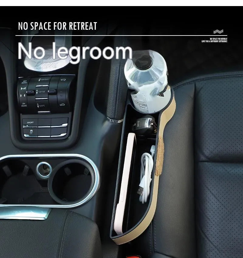 Leather car seat gap storage box with cartoon bear design for organising phones and keys.