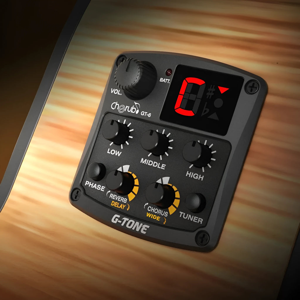 Cherub GT-6 black acoustic guitar EQ unit with piezo pickup and rotary controls for 3-band equaliser and effects