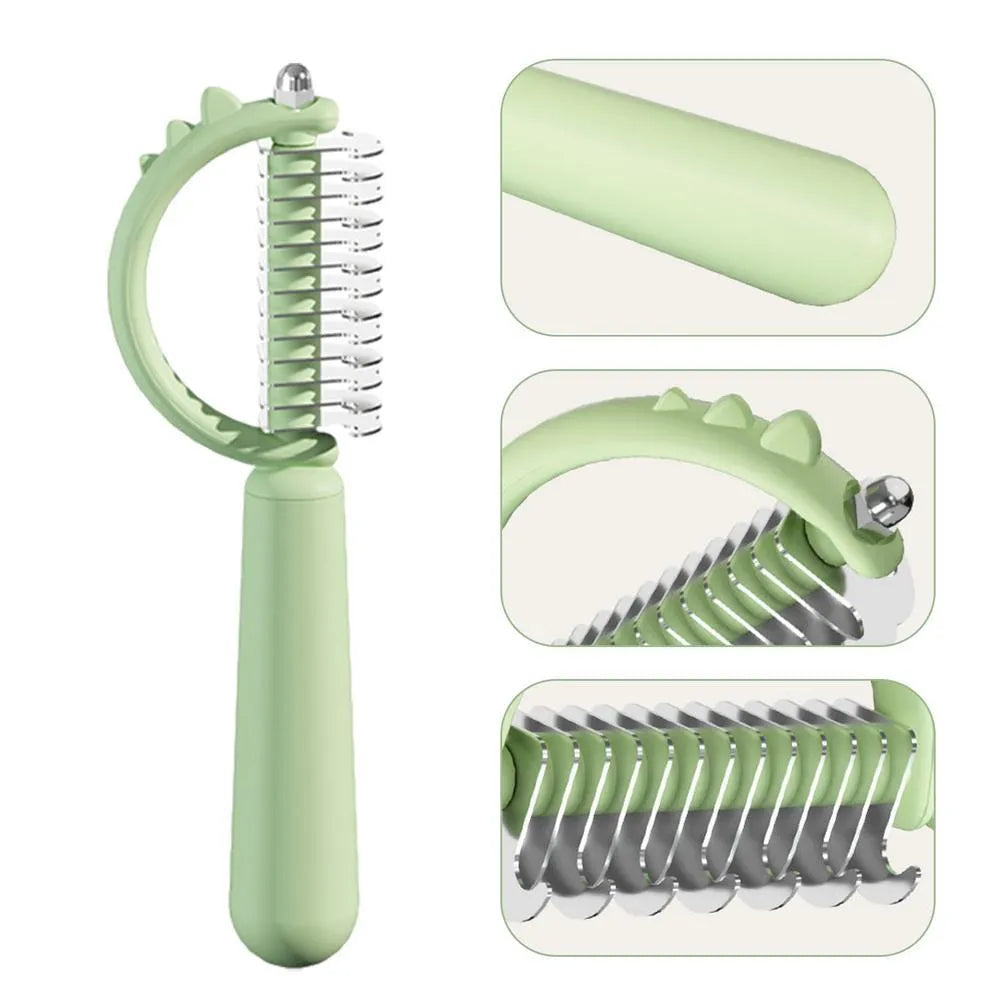 Blue dinosaur-shaped self-cleaning cat brush with stainless steel bristles on a white background.