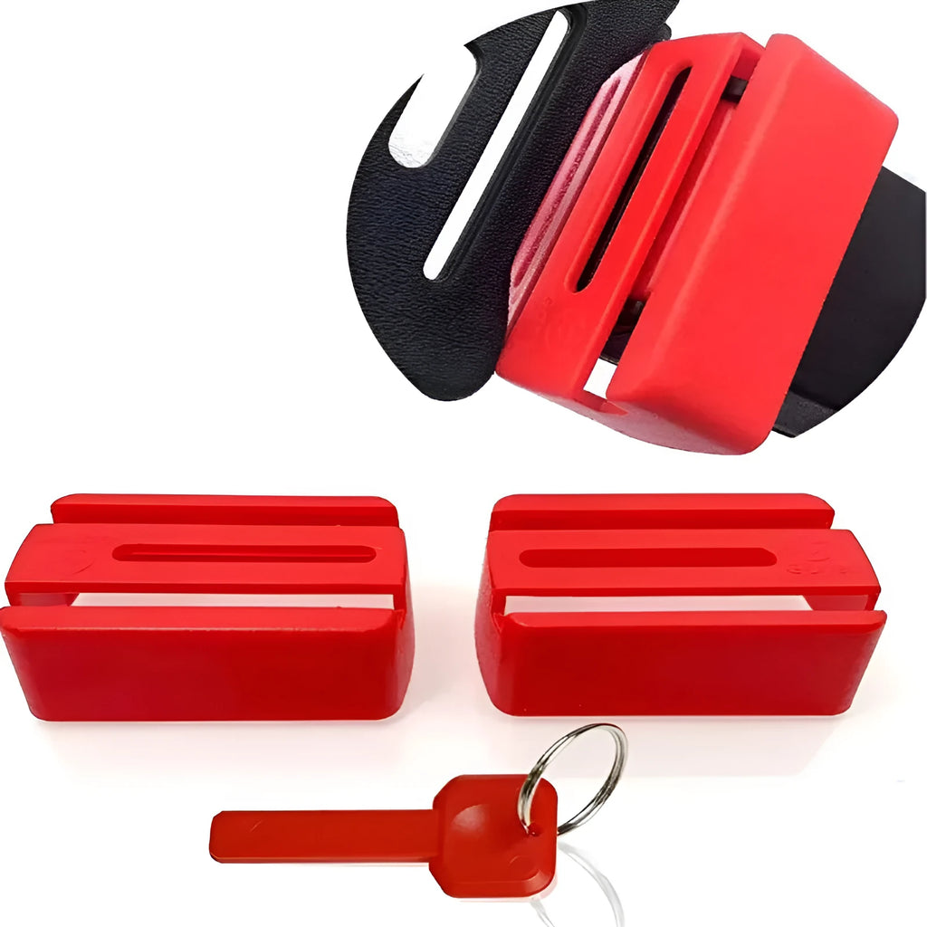 Black plastic seat belt lock protective device clipped onto vehicle seat belt buckle