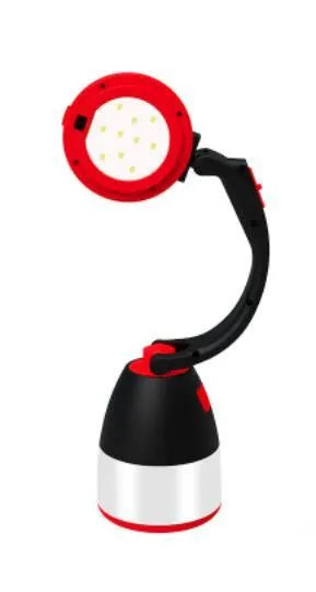 Black green foldable LED lamp with USB port shown in desk, camping, and flashlight modes