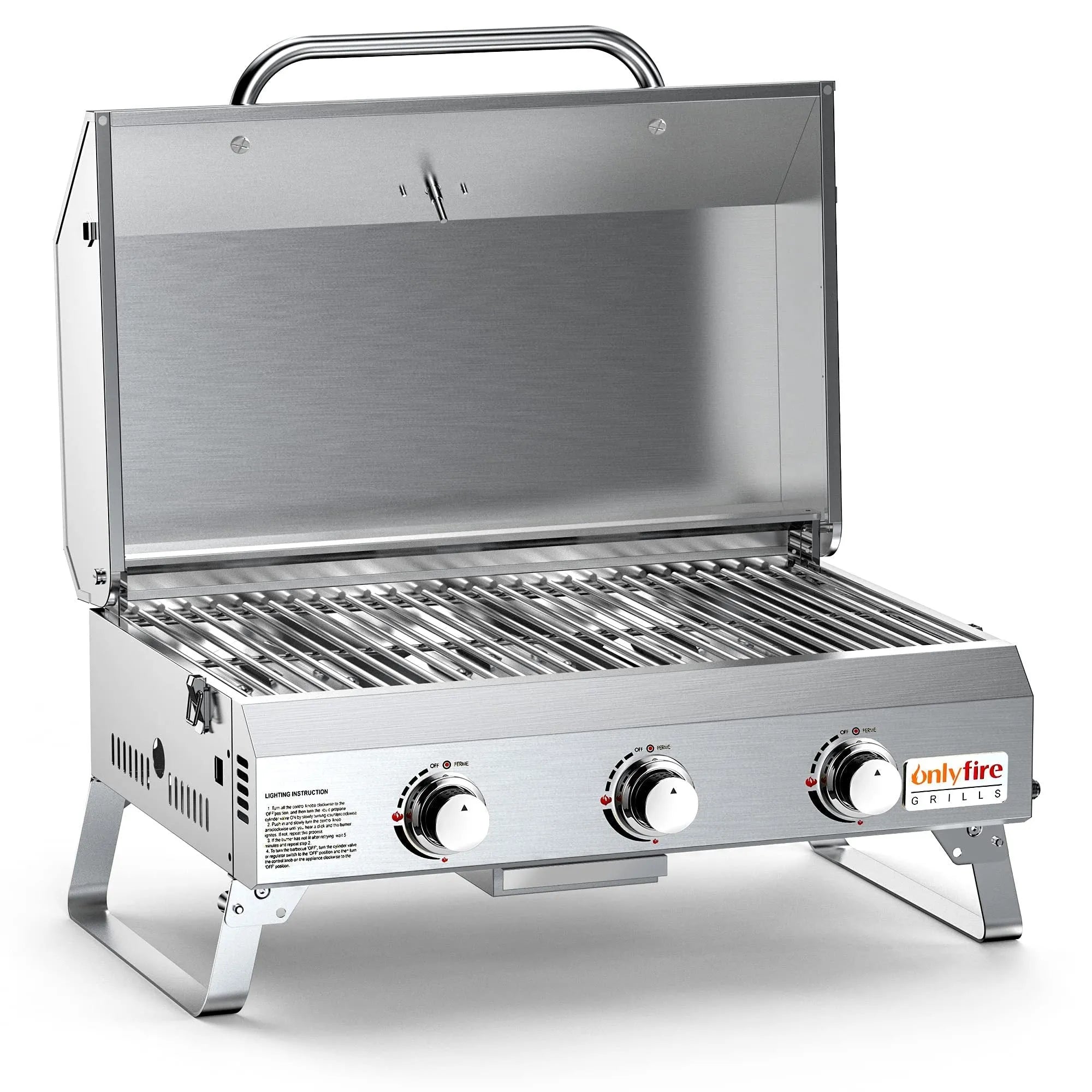 Silver stainless steel desktop gas barbecue grill with three burners and foldable legs