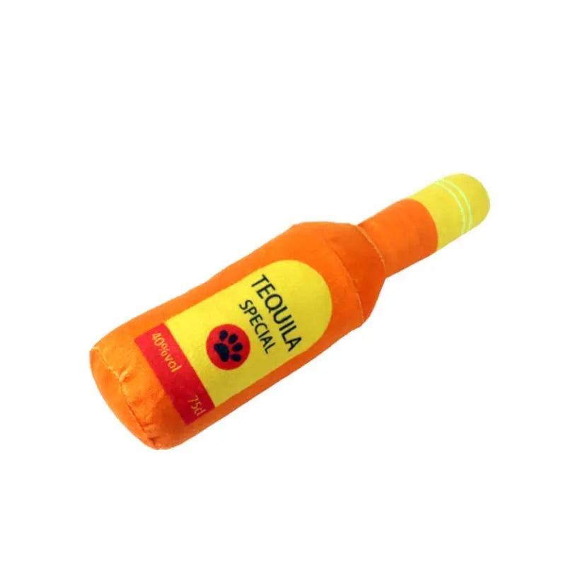 Plush wine bottle shaped pet toy for dogs and cats in assorted colours.