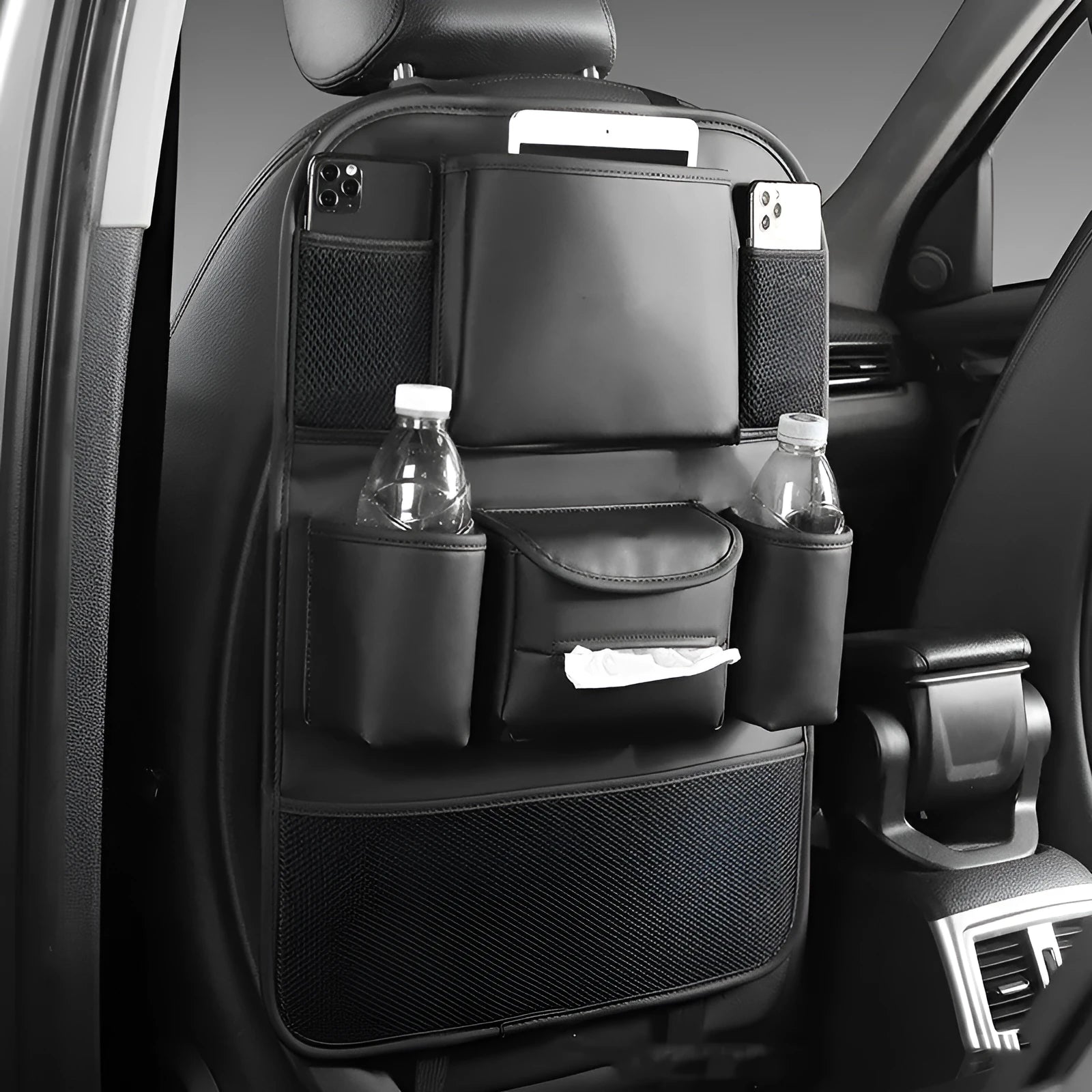 Leather car seat back storage bag in black, grey, green, and brown colour options