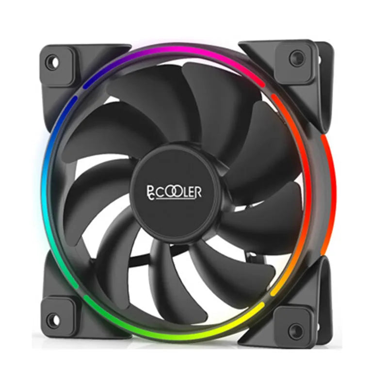 Three black 120mm RGB cooling fans for a PC case, showing illuminated blades.
