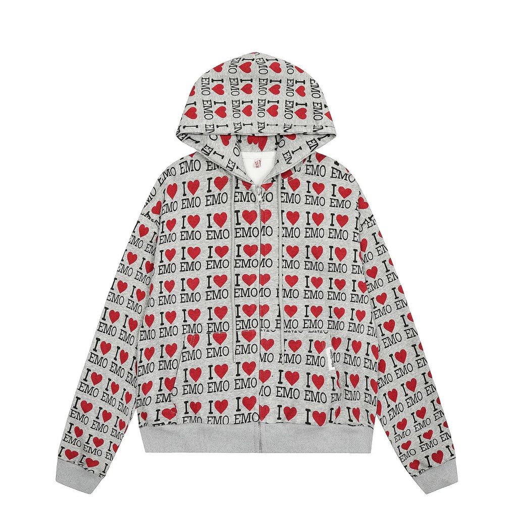 Women's mixed grey hooded cardigan sweater with an autumn retro pattern and long sleeves.
