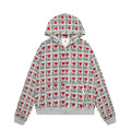 Women's mixed grey hooded cardigan sweater with an autumn retro pattern and long sleeves.