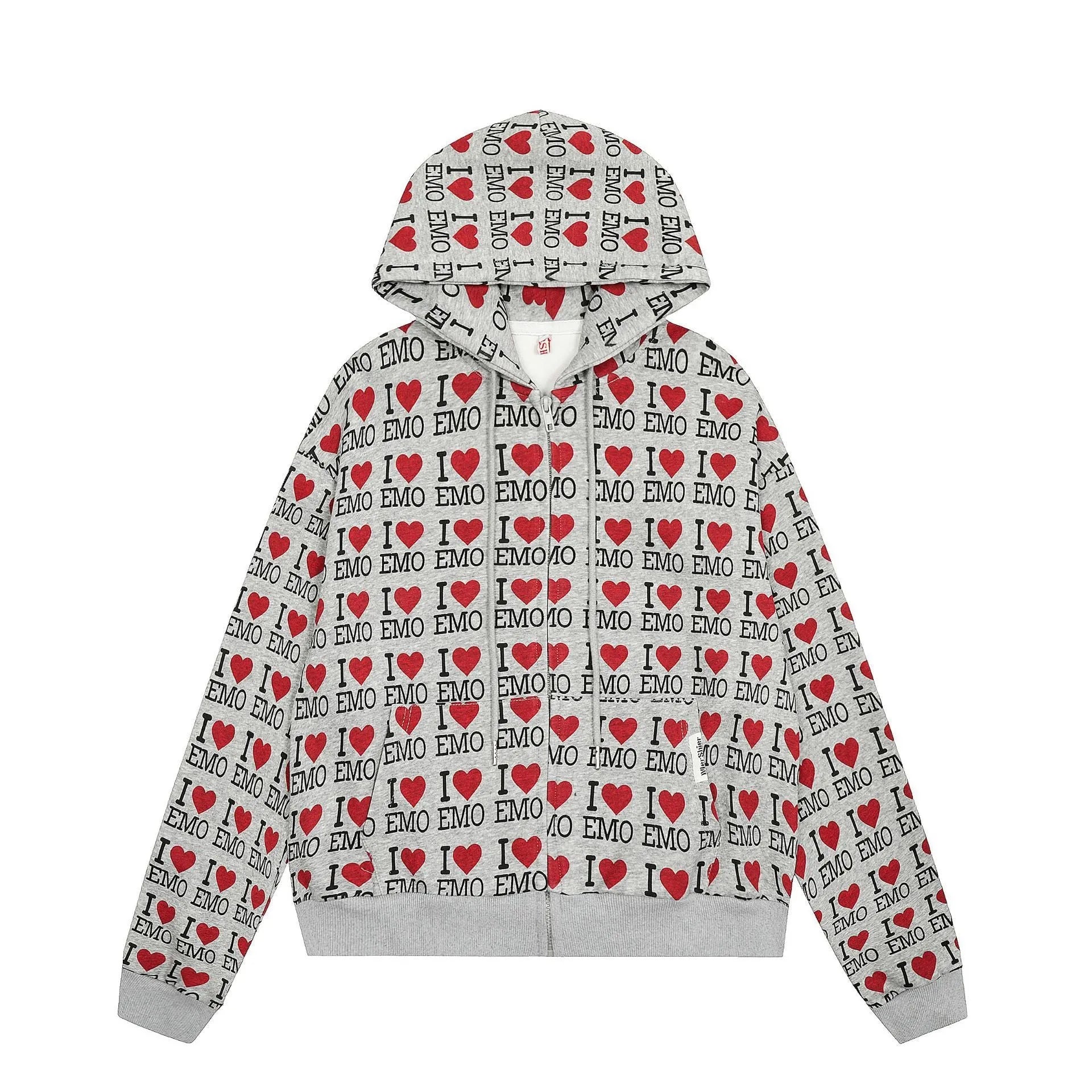 Women's mixed grey hooded cardigan sweater with an autumn retro pattern and long sleeves.