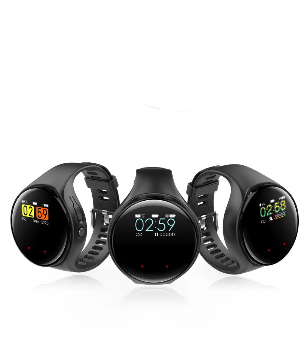 Black smart bracelet with detachable Bluetooth earphones showing colour screen display