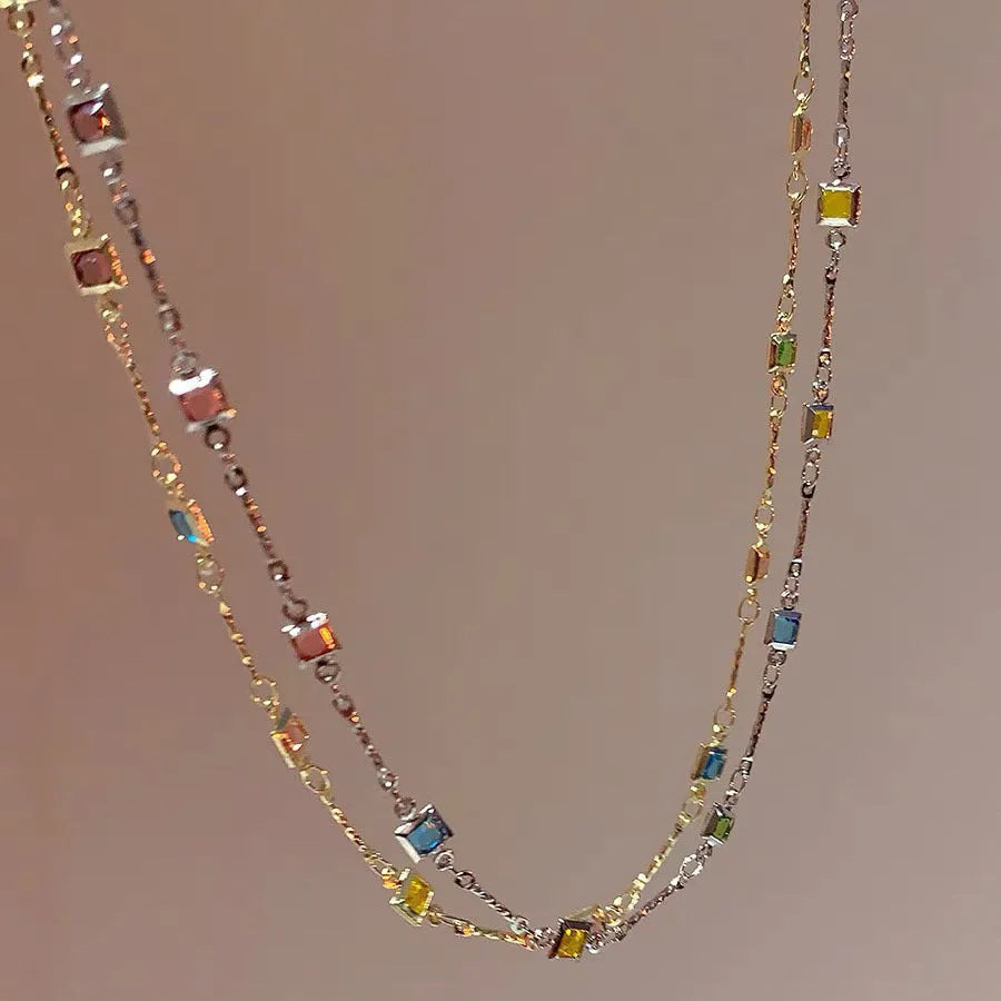 Square colour clavicle chain necklace with geometric artificial crystal pendant in gold tone