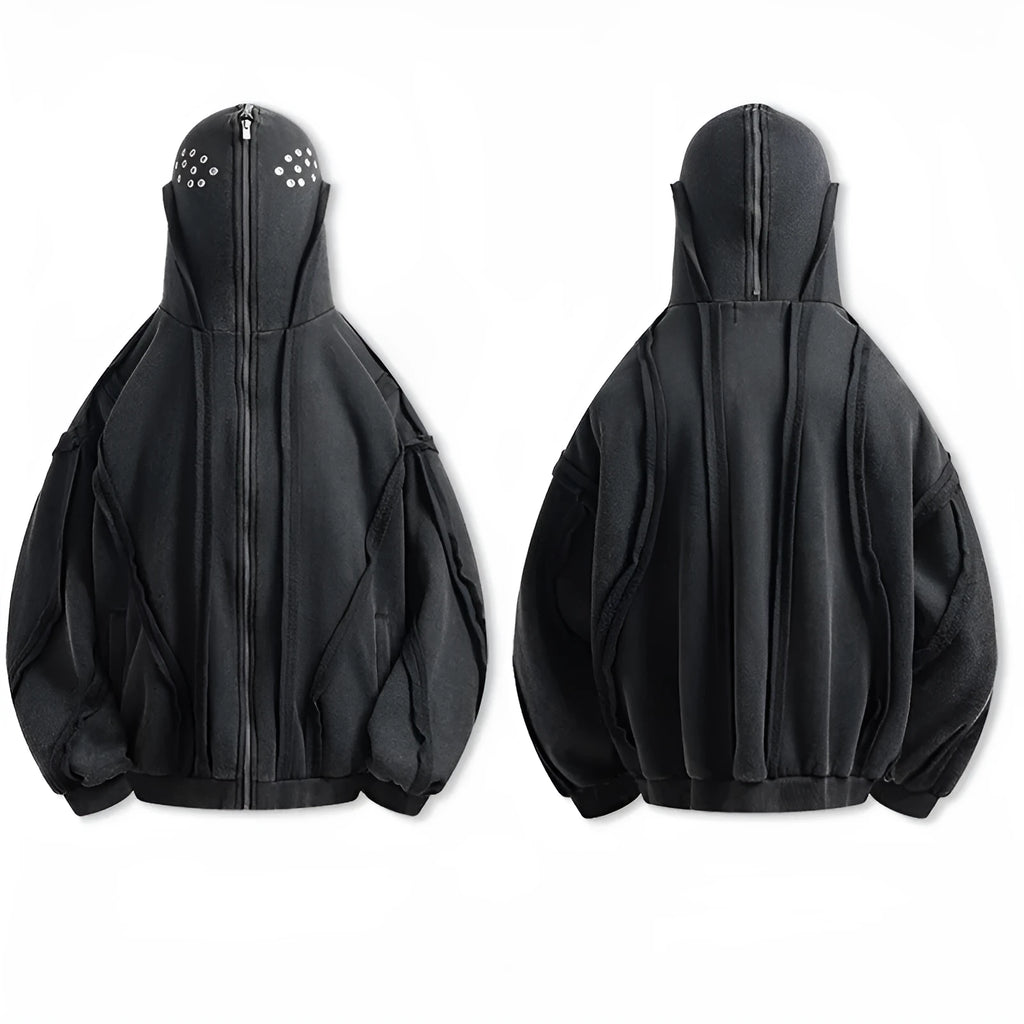 Black cotton padded cardigan coat with zip-up hood and loose retro styling