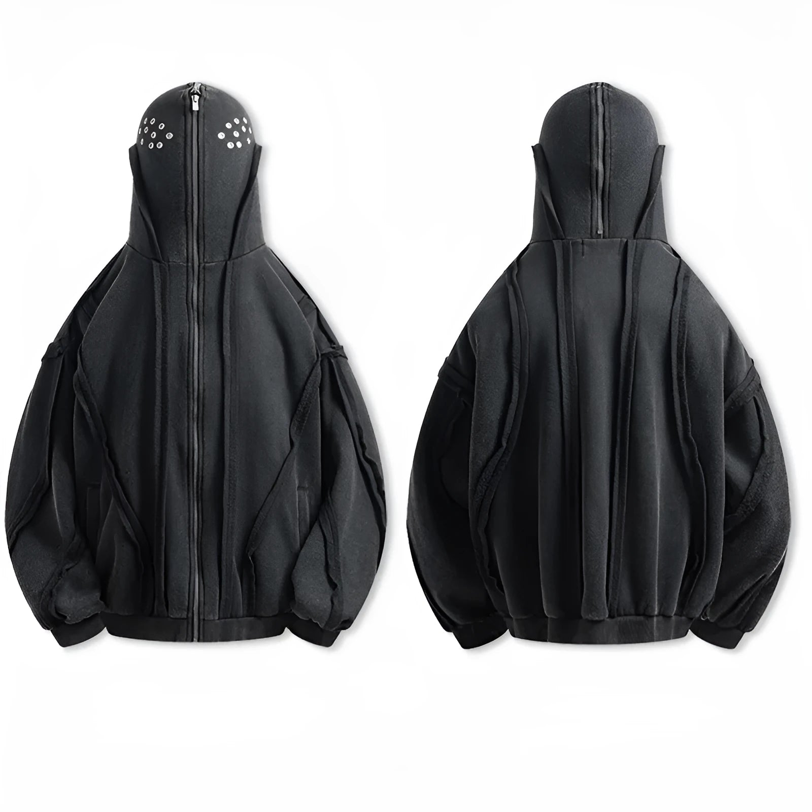Black cotton padded cardigan coat with zip-up hood and loose retro styling