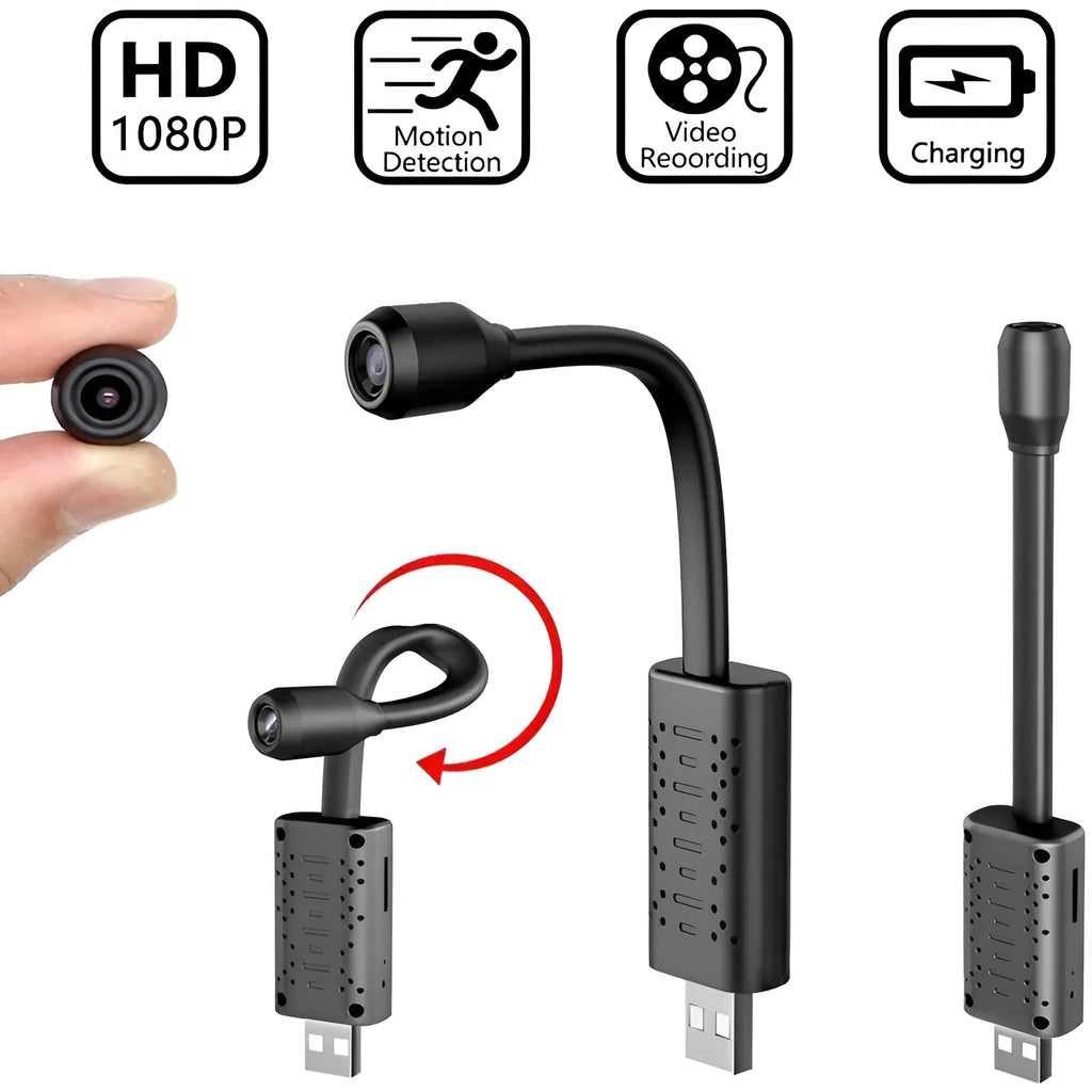 Slim black V380 wireless USB HD camera on a table showing its compact 158mm length design.