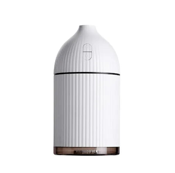 White USB aromatherapy diffuser and humidifier with LED light, 300ml capacity, 80mm cube dimensions.