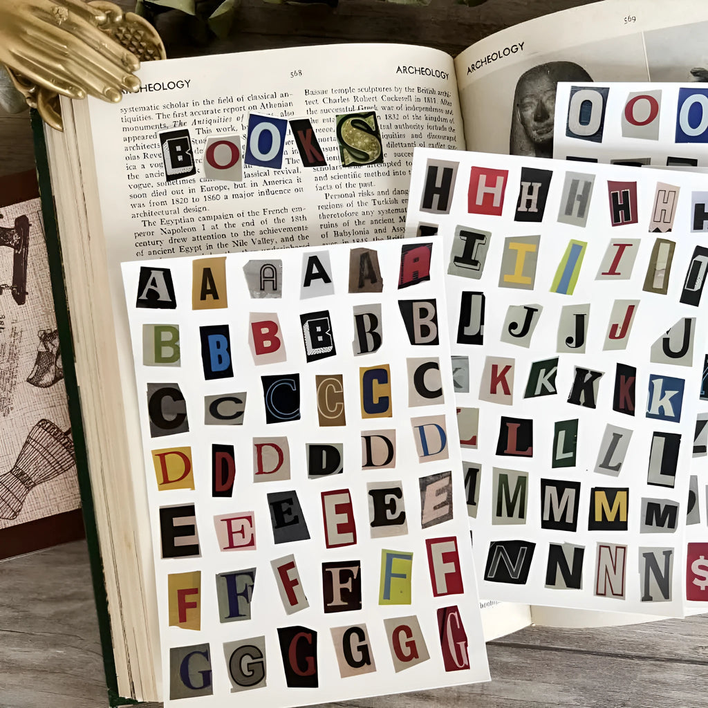 Set of printed English letters, numbers, and weekday word stickers in multiple colours for crafts and organisation
