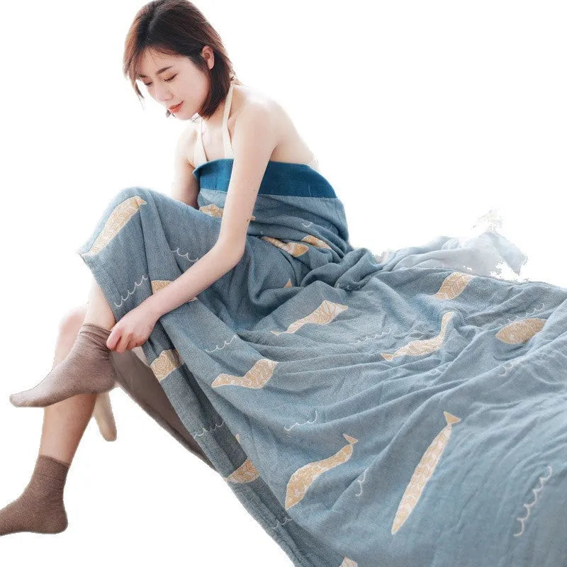 Pure cotton five-layer gauze bed sheet blanket in roulette wheel blue pattern showing textured surface
