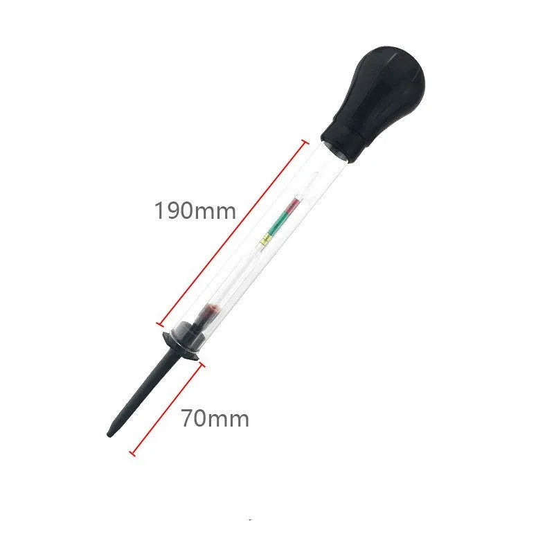 Electrohydraulic hydrometer for automotive battery electrolyte testing with glass construction and suction tube