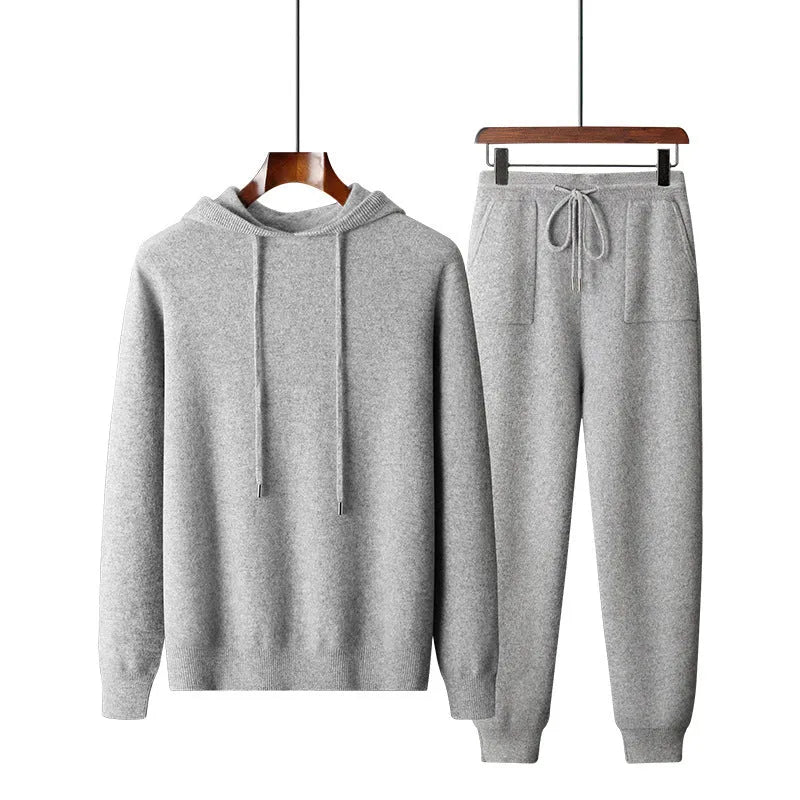 Men's light grey cashmere hooded knit sweatshirt and matching trousers casual winter set.