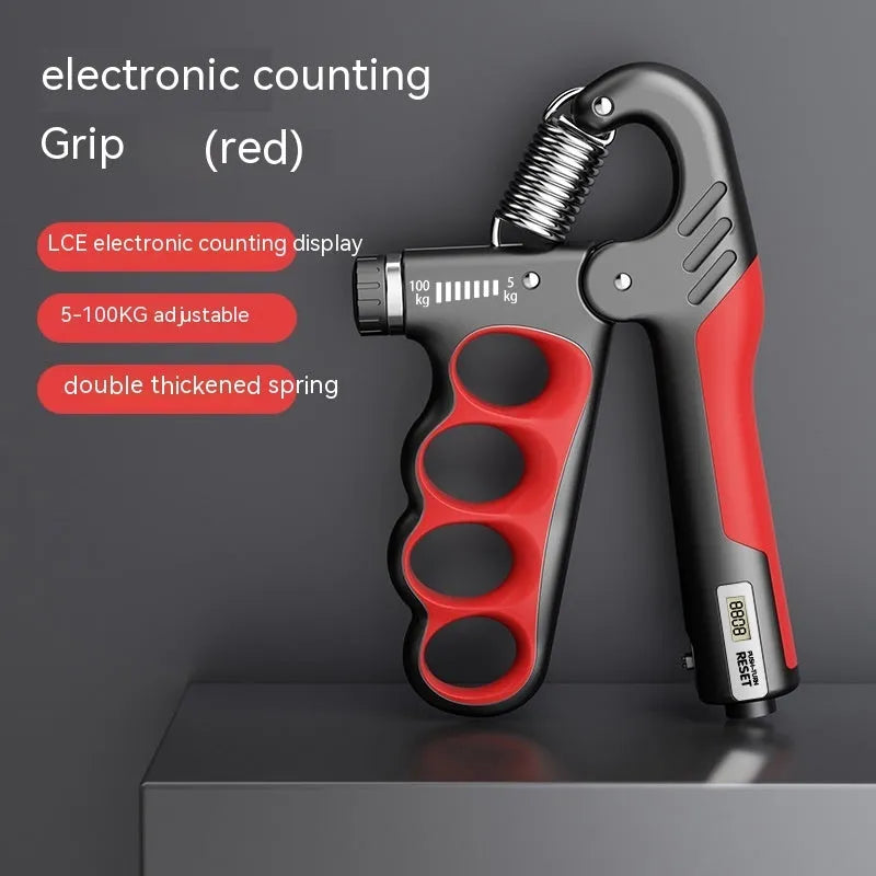 Adjustable electronic counter spring grip hand strengthener in grey, orange, or red.