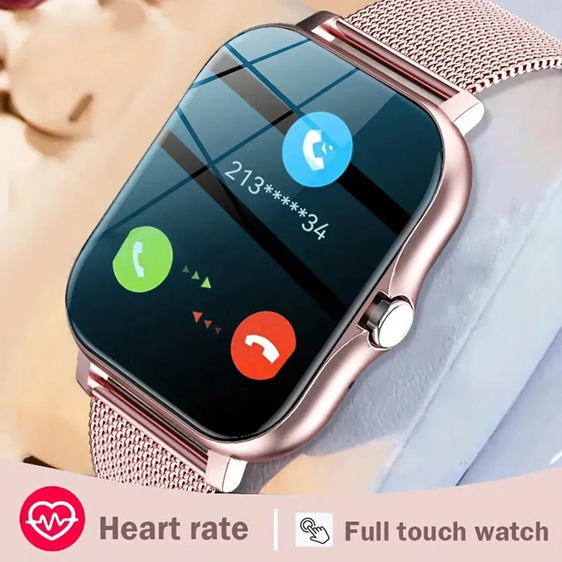 Smart watch with 1.44-inch touch screen and silicone wrist strap showing Bluetooth calling and health monitoring interface