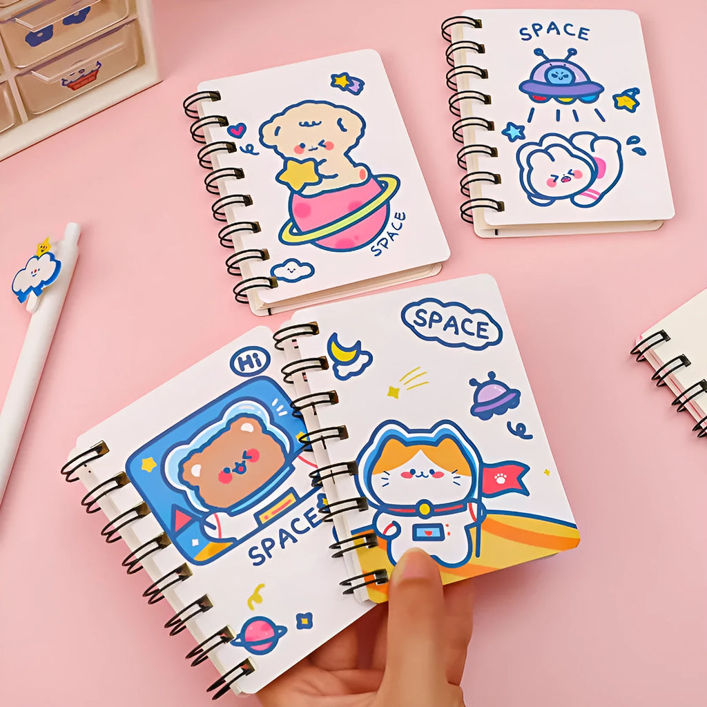 Astronaut portable pocket flipper notebook measuring 10.5 by 8cm with space-themed cover designs