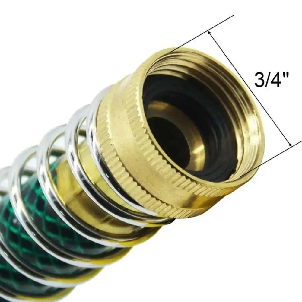 Garden hose spring connector with brass threaded joints and spiral spring mechanism