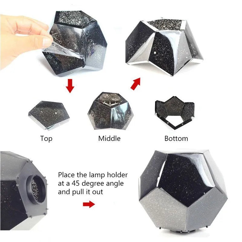 LED starry sky night light projector showing constellation projection on a bedroom ceiling.