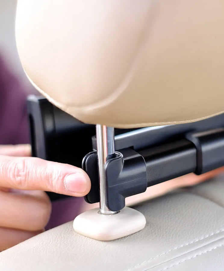 Black universal car phone holder with rear seat base mounting for tablets and phones