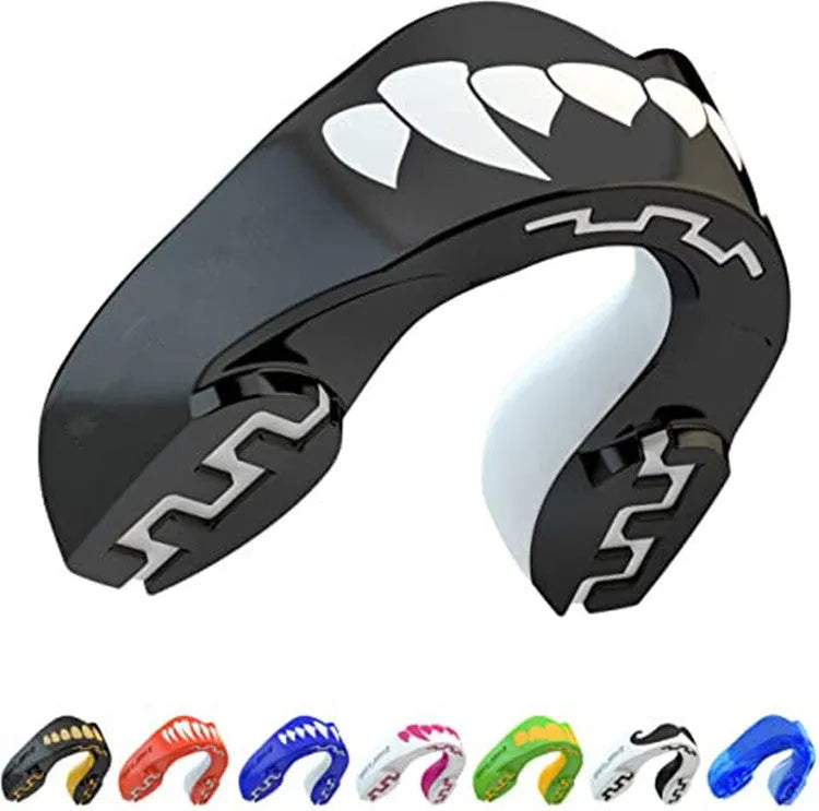 Adult boxing mouthguard with tooth socket free design in black and white printed teeth pattern
