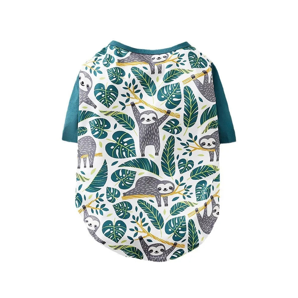 Full printed polyester t-shirt for small dogs in various colours, showing size chart for S, M, L, XL, XXL.