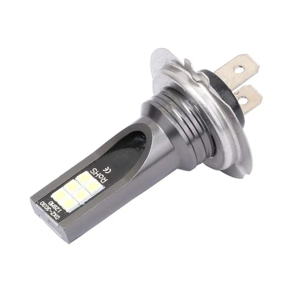 H7 110W 12SMD 3030 LED car fog light bulb with white aluminium housing.